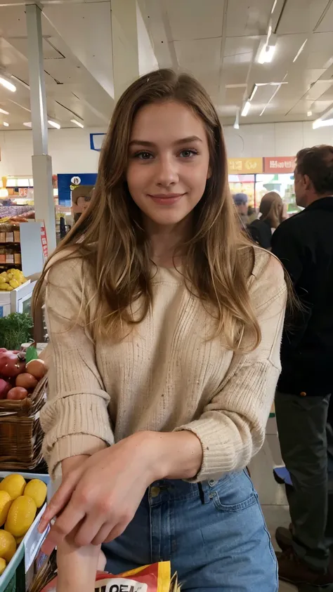 photo of a young blonde girl ,  early '20s ,  with long blond hair,  wearing a wool sweater ,  buying groceries in a crowded sup...