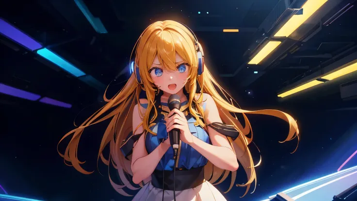 32K,Best Quality、High image quality、film quality、 male and female couple 、a beautiful detailed vocaloid girl with long light white Brawn hair, singing on a futuristic concert stage, wearing high-tech headphones, microphone in hand, ultra-detailed, 8k, phot...