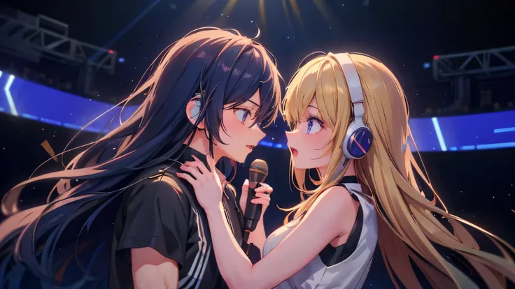 32K,Best Quality、High image quality、film quality、 male and female couple 、a beautiful detailed vocaloid girl with long light white Brawn hair, singing on a futuristic concert stage, wearing high-tech headphones, microphone in hand, ultra-detailed, 8k, phot...