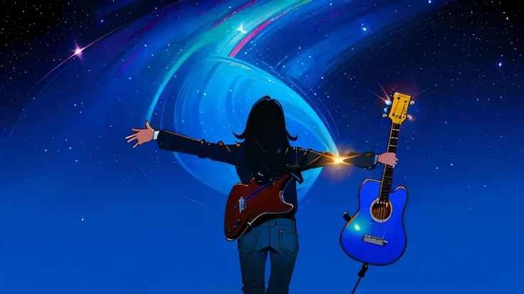 night　 starry sky ， twinkles　woman，Back Shadow，Medium to long hair， wear a white long sleeve shirt and blue jeans， with the guitar and arms raised in the air ,  music is life , Carrying a guitar, Holding a guitar , Singer-songwriter,  singer/songwriter, Gu...