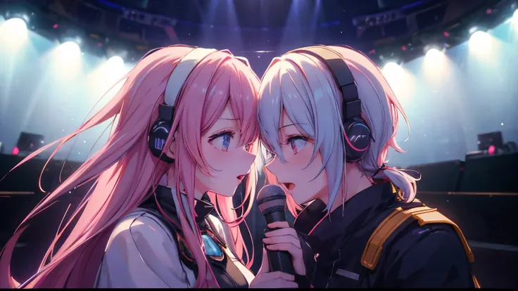 32K,Best Quality、High image quality、film quality、 male and female couple 、a beautiful detailed vocaloid girl with long light white Pink hair, singing on a futuristic concert stage, wearing high-tech headphones, microphone in hand, ultra-detailed, 8k, photo...