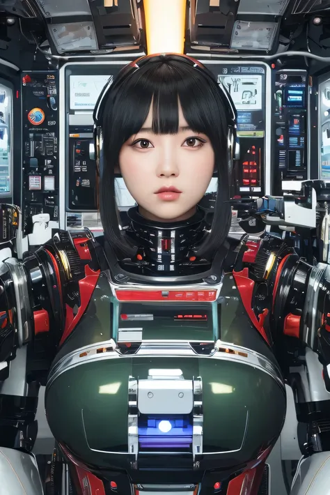 masterpiece, best quality, extremely detailed,portrait,upper body,front view,Japaese android girl,Plump, control panels,android,Droid,Mechanical Hand, Robot arms and legs,Blunt bangs,long tube,thick cable connected her neck,