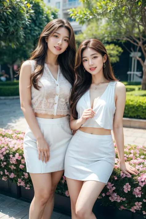 best quality, 8k, Detailed description of face, Detailed description of eyes, Brown hair (long wavy hair), two Korean beauties (not the same face), 40 years old, slim figure, big chest, wearing a white vest and short, revealing skirt, they joked and laughe...