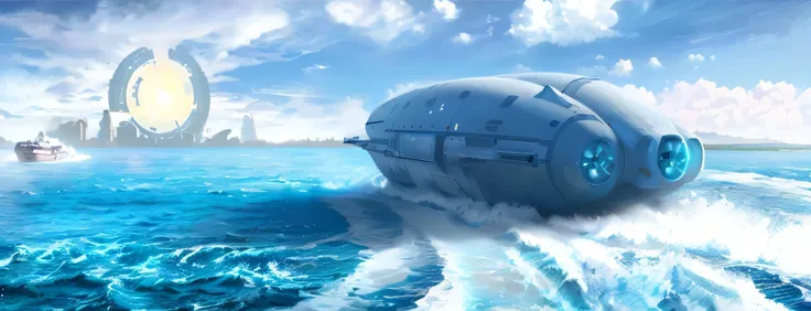 there is a large submarine floating in the ocean with a boat in the background, giant submarine, inspired by Stephan Martinière, highly realistic concept art, floating vehicles, anime art vehicle concept art, inspired by Stephan Martiniere, ultra detailed ...