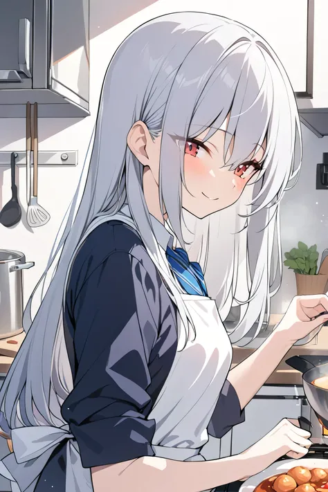 1girl, silver hair, red eyes, long hair, straight hair, smile, school uniform, apron, kitchen, cooking, masterpiece, best quality, detailed,