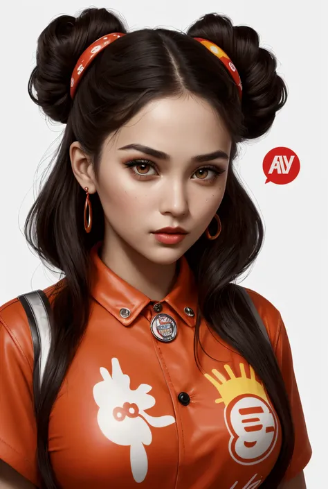 The image is a hyper-realistic digital or illustrative portrait of a young woman with long, flowing hair styled in playful, messy buns. Her face and upper body are adorned with an assortment of colorful, recognizable brand logos and cartoon-style stickers,...