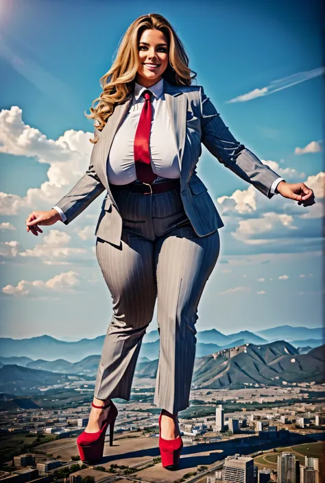 10 miles tall curvy bbw woman with a beautiful smile, bigger than a giant city, curvaceous figure, massive beast, and long wavy bright brown hair with blonde highlights, with a curvaceous figure and massive breasts. wearing the finest light grey pinstripe ...