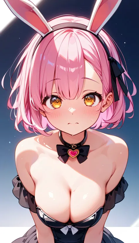  High image quality 、  high quality、   one girl playing pranks 、  Pink Hair 、  short hair、   Golden Eyes 、  short stature 、 big chest、Loli Big Tits、  deep cleavage、fisheye photography 、 taken from above、   girl looking at camera   、  raise your face 、 look...