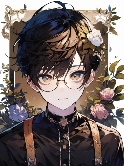 (masterpiece), (Best Quality),  Very Detailed, 1. Boy,  solo focus ， perfect face, Glasses　Short Hair　  beautiful face, Smile，(Black-haired:1.3)，(  brown eyes :1.3)， Fantasy，Beautiful， Pedras Preciosas，Bloods　Glasses　suit　 black shirt　