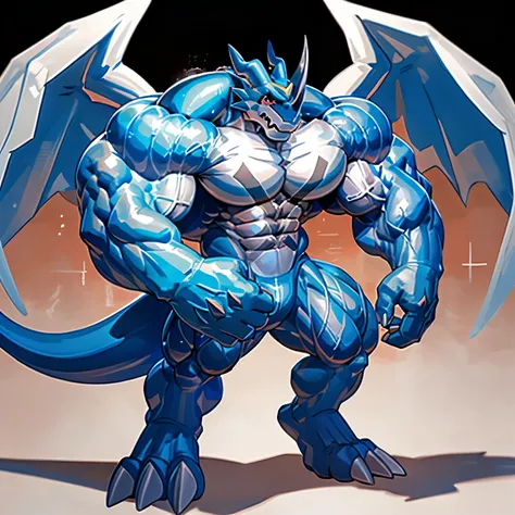 ExVeemon、(Chiseled Abs), (Huge pectoral muscles:1.3), ( Overstated Big Muscles :1.3), Blue body color、Red eyes、digimon, (huge body), muscle growth, full body, white wing