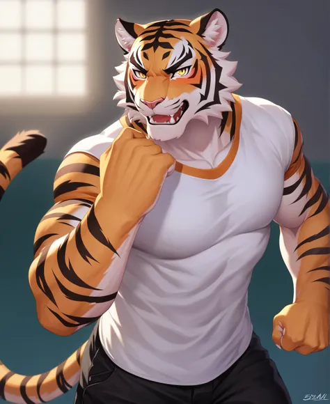 solo,furry,furry male,adult,tiger,tall,muscular,tiger ears,tiger print,tiger tail,yellow eyes,fangs,glaring,blush,tsundere,stand...