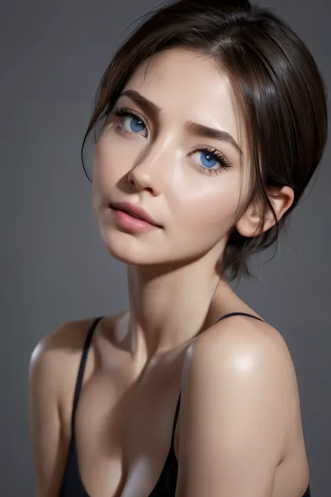 Skin Tight Top:1.2, Looking at Viewer, Cinematic lighting, Perfect, softlight, High resolution skin:1.2, Realistic skin texture, 30 years old mature woman、a small face、no-makeup、 off shoulders,Bust B Cup、 Exposed cleavage, Small breasts、Blue eyes, Short ha...