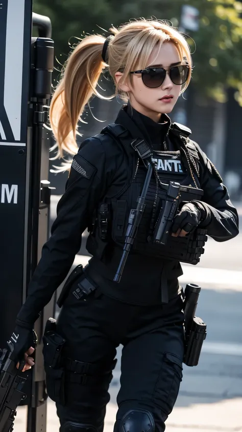 blonde pony tail hair, beautiful woman, pro lighting, photorealistic, Realistic face details, complicated details, 8k, ultra high details, dynamic camera angle, hips up, sunglasses, swat gear, pistol, rifle, walking,