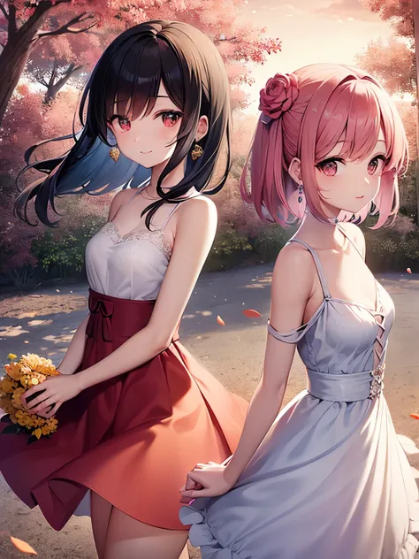 Two anime-style high school girls are standing back to back in the center of a flower field.
They are standing back to back.

She has very short hair, wavy hair with sideburns,wears moon-shaped earrings, flowing brown hair,She has big, clear purple eyes,Wh...