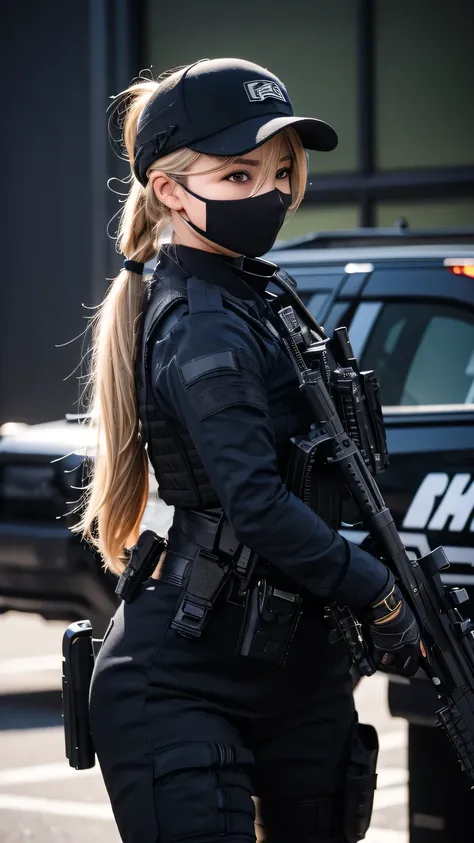 blonde pony tail hair, beautiful woman, pro lighting, photorealistic, Realistic face details, complicated details, 8k, ultra high details, dynamic camera angle, hips up, sunglasses, swat gear, pistol, rifle, walking, face mask,black cap,