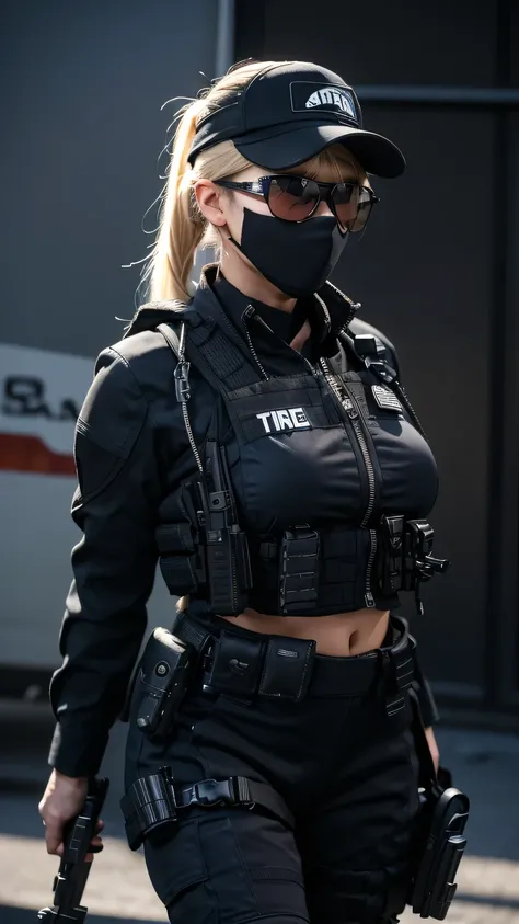 blonde pony tail hair, beautiful woman, pro lighting, photorealistic, Realistic face details, complicated details, 8k, ultra high details, dynamic camera angle, hips up, sunglasses, swat gear, pistol, rifle, walking, face mask,black cap,