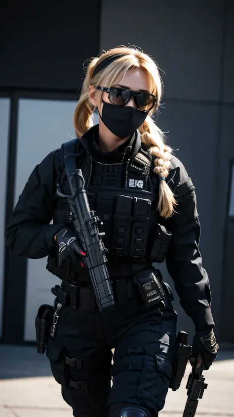 blonde pony tail hair, beautiful woman, pro lighting, photorealistic, Realistic face details, complicated details, 8k, ultra high details, dynamic camera angle, hips up, sunglasses, swat gear, pistol, rifle, walking, face mask,black cap,