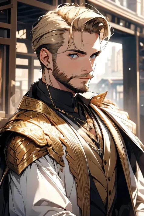 man with short beard, brown hair slicked back, blonde details on hair. armour, golden, white