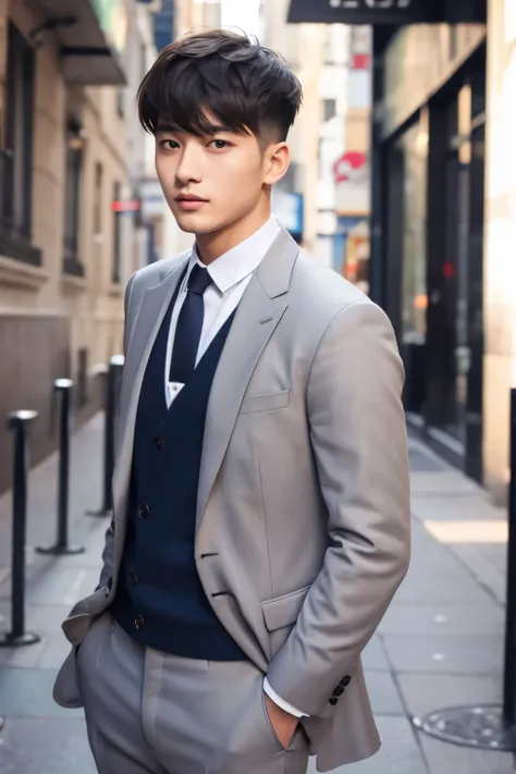 Handsome man in his 20s、  The handsome 20-year-old Chinese man 、 looks like a handsome gay man、Please look straight ahead 、Men in their early 20s、Brown short hair，gray suit， white shirt ， Hands in pocket ，