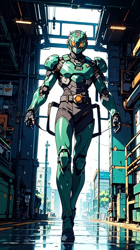 (masterpiece:1.5, best quality:1.5, extremely delicate:1.5), ((male:1.5)), a man wearing a full-face helmet, green eyes, fantasy-style high-tech biomimetic armored combat suit, (a composite layered chest armor), the design balances heavy with agility, full...
