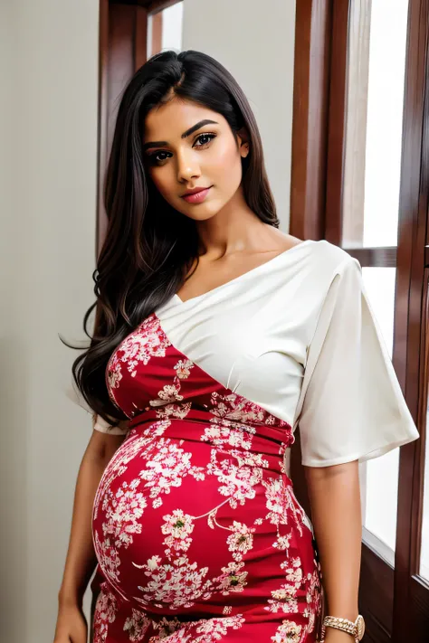 s cute little beautiful white cute beautiful face indian pregnant girl  with stylish different dark Red and white mixed colour modern flower design in  stunning dress with hot pic with full size pic