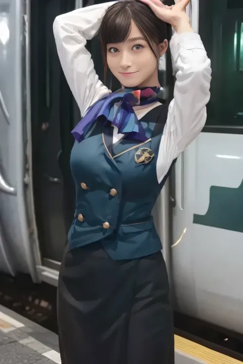 (masterpiece:1.2, Best Quality:1.2), 32kHDR,  kampala, (Alone、  1 girl)、（What is 、 Professional Lighting）、In-flight background、（Nankai Train crew uniformを着たリアルなスタイル）、（（  Nankai Train Crew Uniform Collarless Blouse Long Sleeve 、 Black Curled Culottes Skirt ...