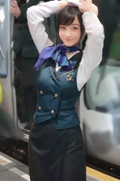 (masterpiece:1.2, Best Quality:1.2), 32kHDR,  kampala, (Alone、  1 girl)、（What is 、 Professional Lighting）、In-flight background、（Nankai Train crew uniformを着たリアルなスタイル）、（（  Nankai Train Crew Uniform Collarless Blouse Long Sleeve 、 Black Curled Culottes Skirt ...