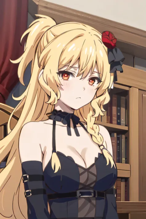 celica arfonia, choker, black ribbon, cleavage, detached sleeves, medium breasts, long hair, blonde hair, red eyes, braid, red r...