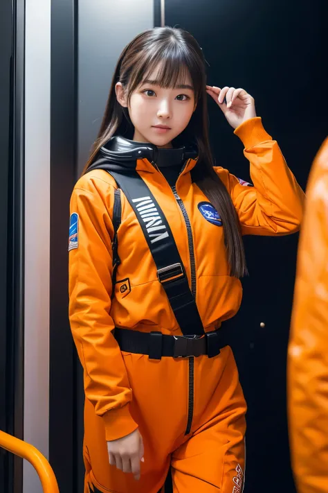 A female high school student dressed in the latest orange spacesuit who flies while piloting a high-speed boat through jet black outer space 、Female high school student dressed in the newest orange spacesuit