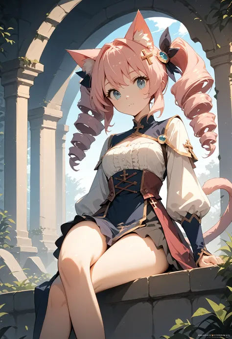 core_9, score_8_up, score_7_up, source_anime, masterpiece, centered, 1girl, medium breat cat ears, kemonomimi, cat tails, pink hair, drill twin tails, sitting in a stone step, noon, cross leg, cute, hair accessory, volumetric lighting, HD