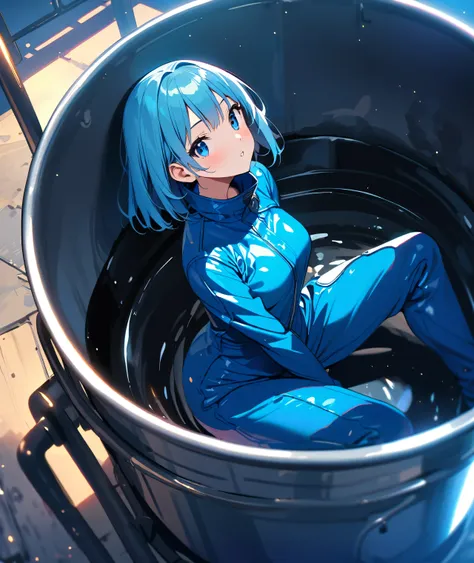 Anime girl in a shiny blue enamel boiler suit