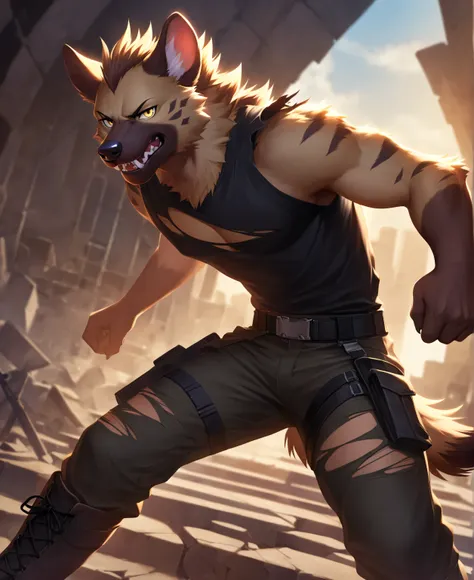 solo,furry,furry male,adult,hyena boy,hyena ears,hyena tail,brown fur,yellow eyes,sharp_teeth,fangs,torn_shirt,torn_clothes,blac...