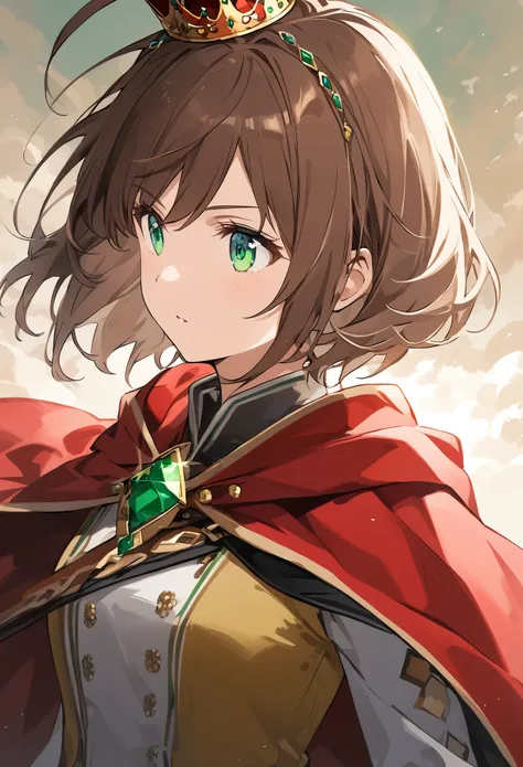  thin and soft painting style、Alone,１ girls,crown、 crowns、 red cloak、Brown Hair、 short hair、Ahoge、Emerald Eyes、Queen、 raise a sword