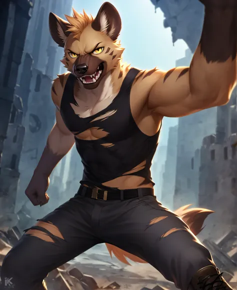 solo,furry,furry male,adult,hyena boy,hyena ears,hyena tail,brown fur,yellow eyes,sharp_teeth,fangs,torn_shirt,torn_clothes,blac...