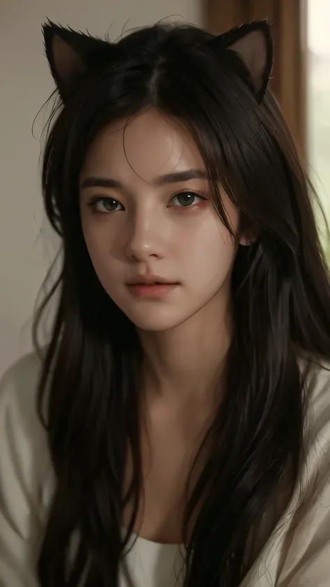Best quality,masterpiece,Ultra-high resolution,RAW photos, Cat ears,cute,In the light,deep shadow,Low profile,Cold Light,sexy look,Long hair,((best quality: 1.5)) ((masterpiece: 0.8)), Intricate details, Clear focus, professional, real life, Real facial ex...