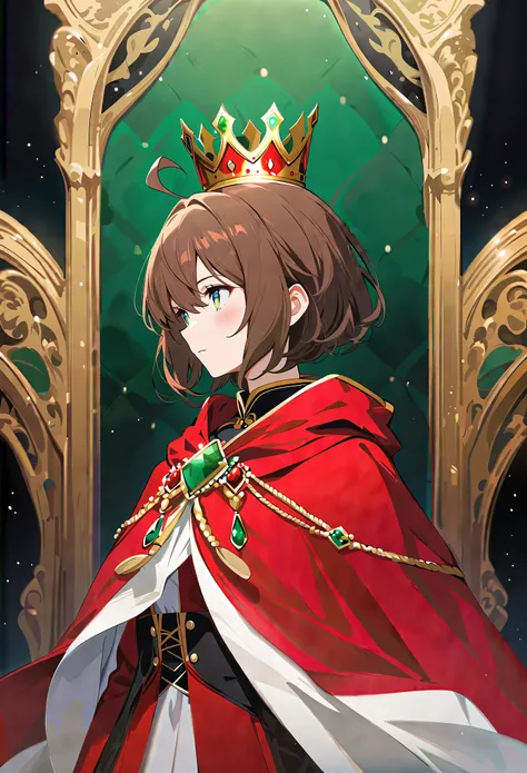  thin and soft painting style、Alone,１ girls,crown、 crowns、 red cloak、Brown Hair、 short hair、Ahoge、Emerald Eyes、Queen