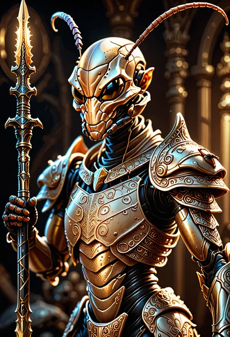 a highly detailed digital painting of a beige-colored ant humanoid warrior, ornate armor, holding a glowing weapon, dramatic lig...