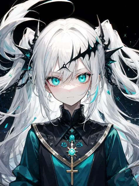 Best Quality、Must-have items、Super detailed、 perfect face、 very detailed、Very delicate、1. Boy, ([Frightened), (white hair)、 ponytail、dark, Sparkling Eyes, Light green eyes,  holy, ,White tunic,,  confident ,   please shut up 、 expressive eyes ,  colorful e...