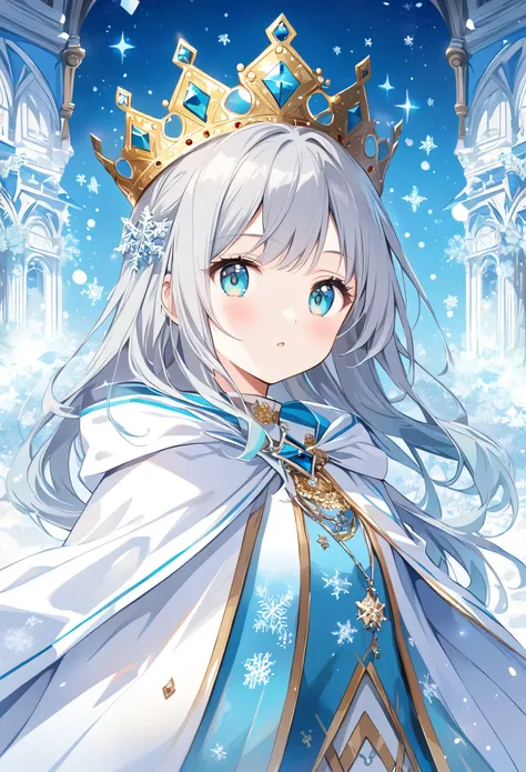 thin and soft painting style、alone,１ girls,crown、 crowns、blue and white cloak with snowflake pattern、gray hair、aquamarine eyes、q...