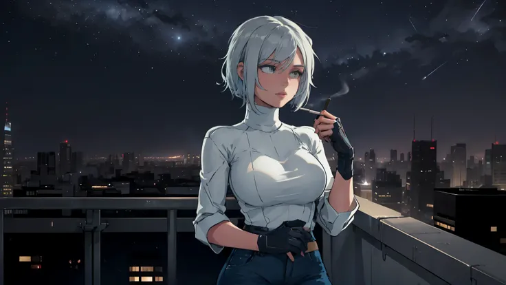 "A young woman with short, grey hair sits on the edge of a rooftop at night, gazing out over a quiet cityscape illuminated by distant city lights. She is wearing a white turtleneck and jeans, with her legs casually folded beneath her as she holds a cigaret...