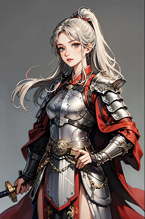 ((no background:1.0)), (cowboy shot), best quality, masterpiece, Solo, detailed beautiful lady, ancient Chinese armor, (silver armor), holding sword