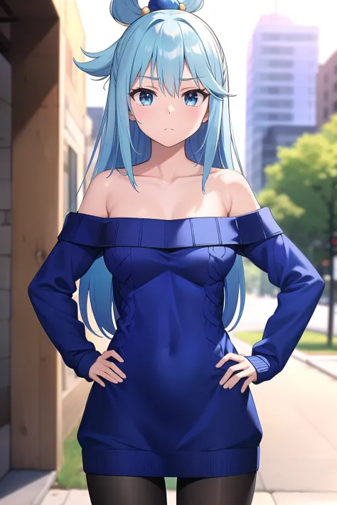 masterpiece, Highest quality, High resolution, Absurd, Super detailed, Cute eyes,
 Aqua, Long Hair, Blue Hair, Hair Ring, hair ornaments, (clavicle: 1.5), (bare shoulder), (blue off-shoulder sweater: 1.5), (blue sweater dress: 1.5), (long sleeves), (black ...