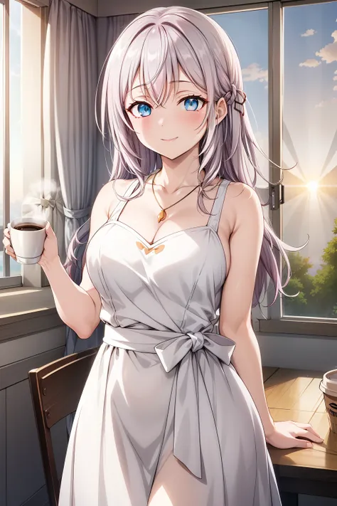 Alisa Kujou, 
"(Sunrise:1.7), A girl standing gracefully, 22 years old, young woman, with beautiful fingers, a beautiful body, a beautiful nose, perfect eyes, a flawless face, and stunning character design. An anime girl with soft pink hair flowing down in...