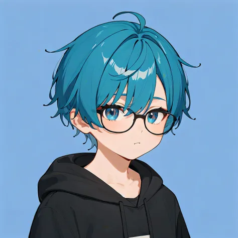 (masterpiece, Best Quality:1.2), Super detailed, 2D Art, Chibi,   One Man Touching a Beard ,  navy blue hair , light wavy casual short hair ,The bangs are casually short hair that is lightly wavy over the eyes ,Plain black hoodie,, black eye glasses,blue e...