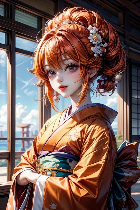 Kawaii, Anime, Two smily girls, Orange hair girl, Medium hair, red gradation hair girl, Kawaii fusion, Kimono