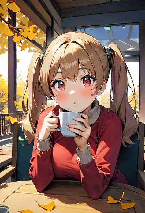 {worst quality, low-quality}, face focus, girl with silver twintails, slender, beautiful eyes, plump lips, cheeks dyed red, light brown high neck, body line looks beautiful She is wearing a fitted knit, with moe sleeves, and is holding a coffee cup in her ...