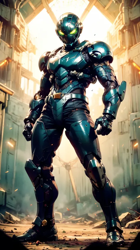 (masterpiece:1.5, best quality:1.5, extremely delicate:1.5), ((male:1.5)), a man wearing a full-face helmet, green eyes, fantasy-style high-tech biomimetic armored combat suit, (a composite layered chest armor), the design balances heavy with agility, full...