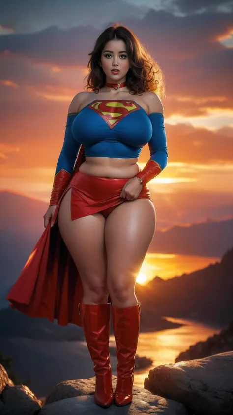 ​masterpiece, (shoulder length curly brunette hair, Supergirl) ((Standing in the middle TOP OF A HIGH ROCKY MOUNTAIN, SUNSET, BLUE SKY,)) with legs spread、large full breasts、Looking at the camera、Glossy enamel costume、Glossy bright red enamel long boots、Sh...