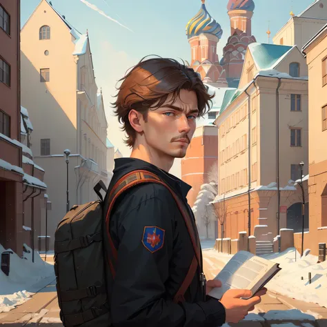 a close up of a russian man student with a backpack and a book, artwork in the style of guweiz, inspired by Andrei Ryabushkin, nft portrait, andrei riabovitchevy, andrei ryabovichev, by Andrei Ryabushkin, inspired by andrey ryabovichev, portrait