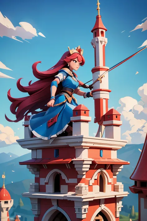  Create an image as if torn in half separated by a VS from a Clash Royale duel showing a red tower with an archer princess on top of the tower and a blue tower with an archer princess on top of the tower. The princess of the red tower with 1901 life and th...